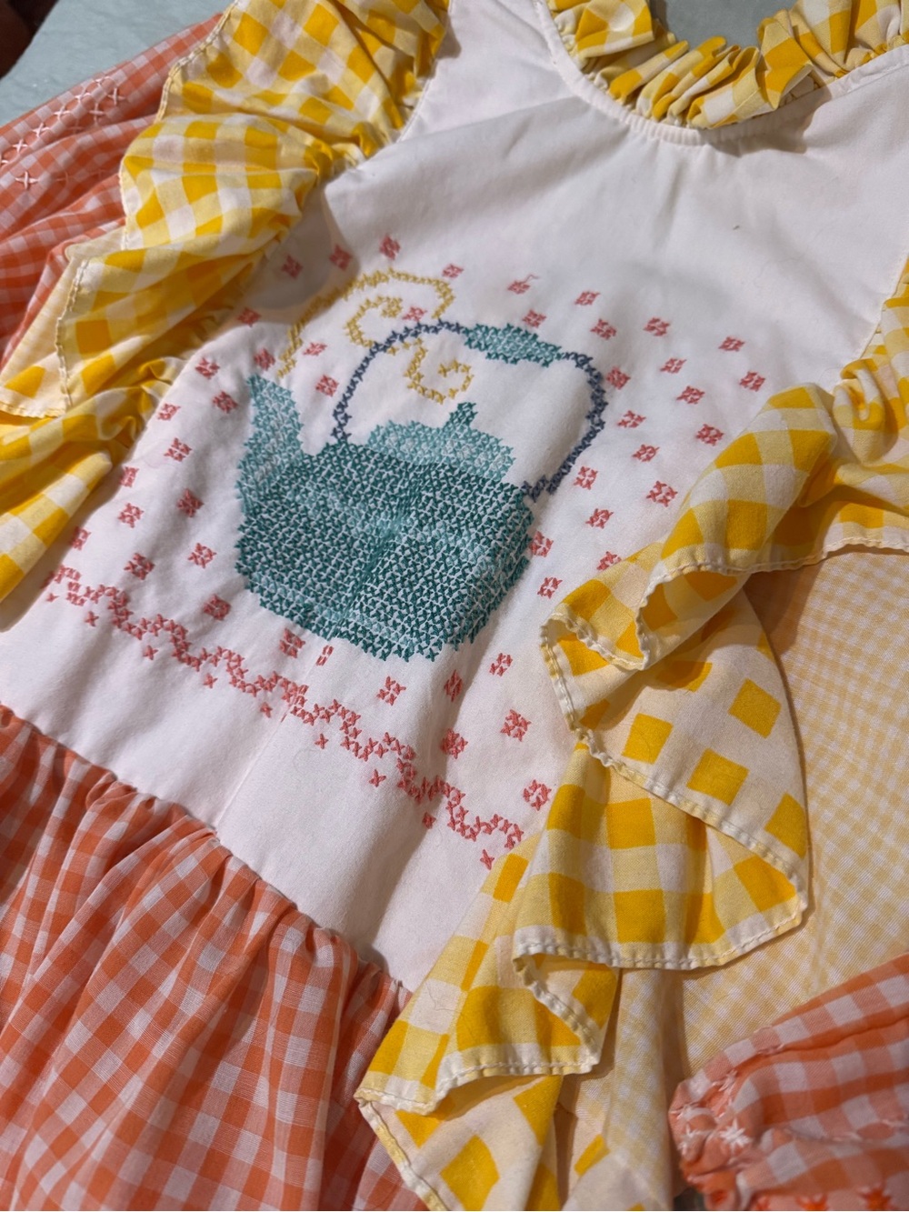 THRILLENIUM HANDMADE Gingham Ruffle Smock Top with Teapot Cross-Stitch - Picture 2 of 4